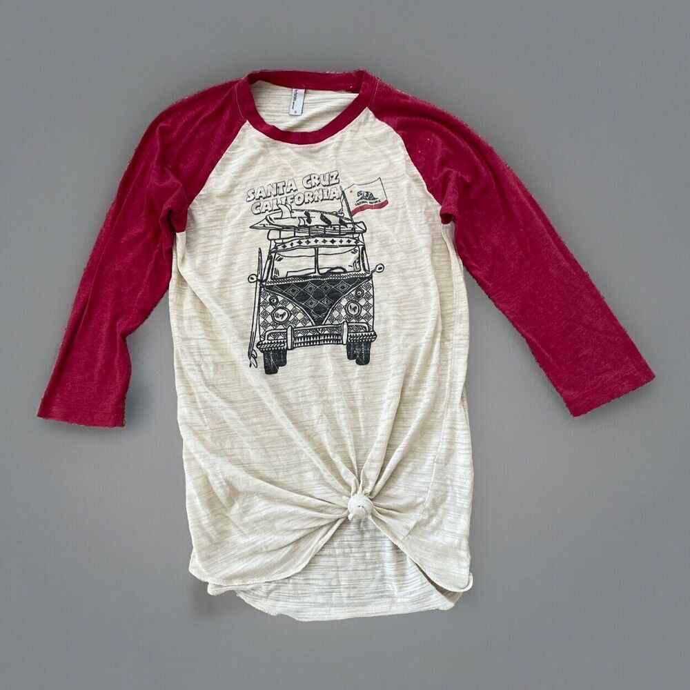 Techstyles Santa Cruz Womens 3/4‎ Sleeve VW Bus Raglan Surfer Knot Red T-Shirt